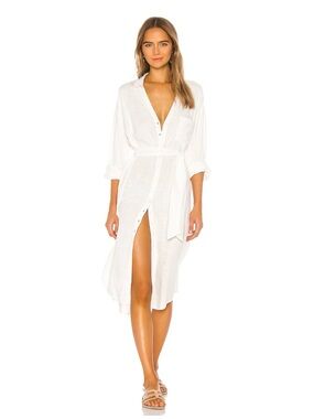 l*space White Button-Front Shirt Dress Robe with Waist Tie